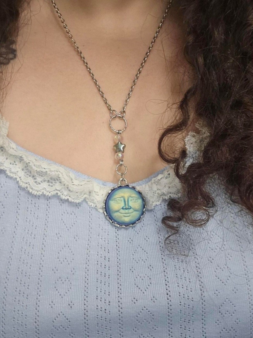 Silver Chain Necklace with Blue-Green Moon Pendant